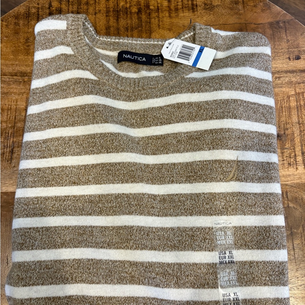 Nautica Men's Tan and White Striped Crewneck Sweater